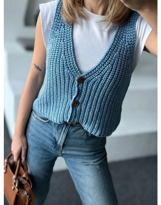 Kadın Triko Kolsuz dokuma Düğmeli Yelek - Mavi