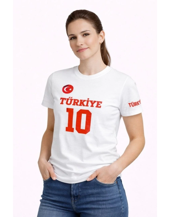 Kadın TÜRKİYE Ay Yıldız Baskılı 10 Numara Forma Tişört Taraftar T-Shirt - Beyaz