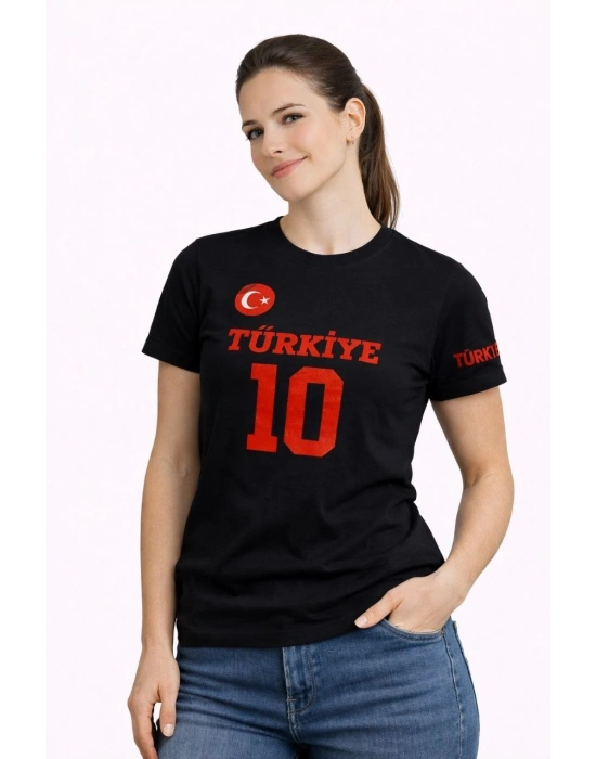 Kadın TÜRKİYE Ay Yıldız Baskılı 10 Numara Forma Tişört Taraftar T-Shirt - Siyah