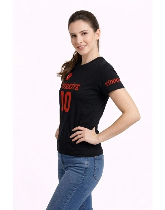 Kadın TÜRKİYE Ay Yıldız Baskılı 10 Numara Forma Tişört Taraftar T-Shirt - Siyah