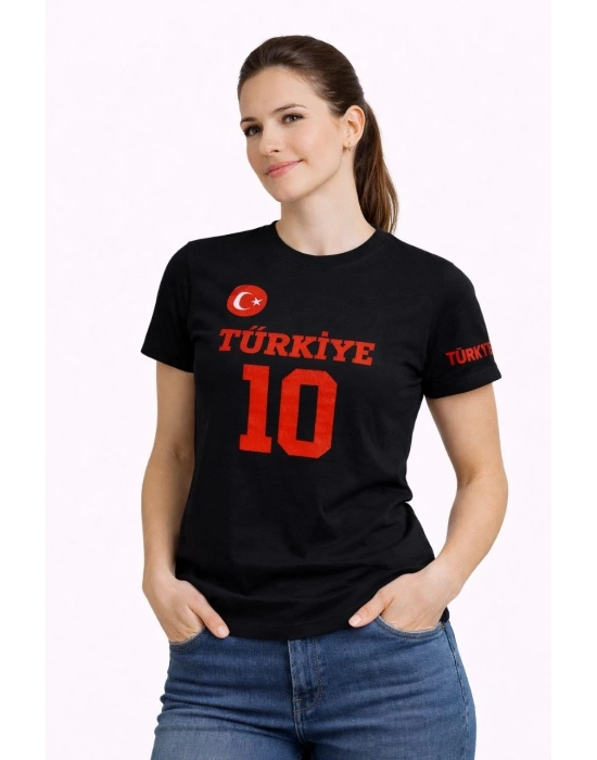 Kadın TÜRKİYE Ay Yıldız Baskılı 10 Numara Forma Tişört Taraftar T-Shirt - Siyah