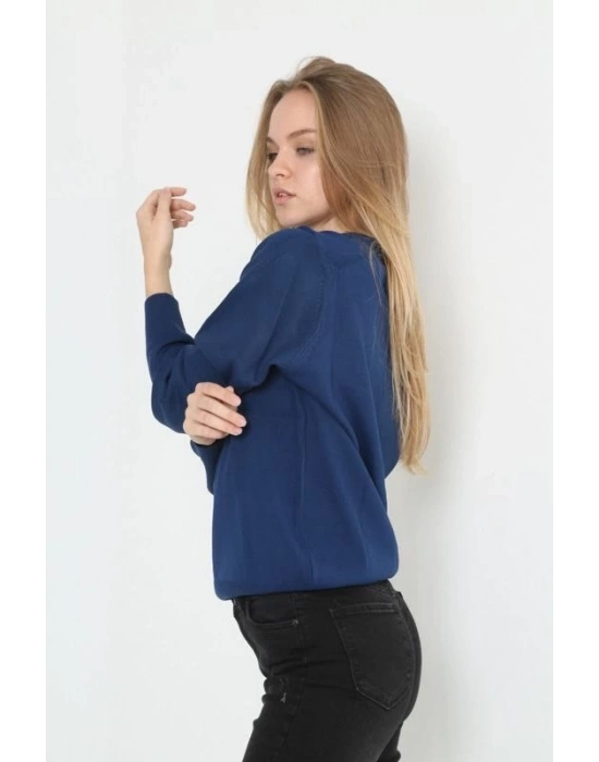 Kadın Uzun Kol V Yaka Triko Kazak - İndigo