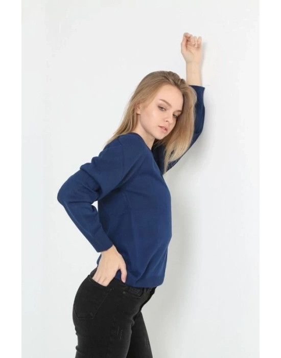 Kadın Uzun Kol V Yaka Triko Kazak - İndigo
