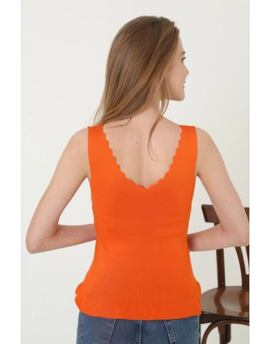 Kadın V Yaka Fırfır Detay Crop - Turuncu