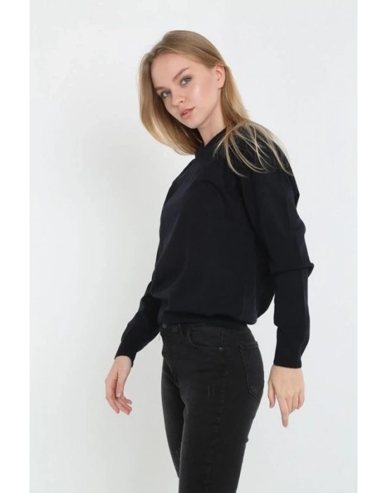 Kadın V Yaka Kazak Uzun Kol Düz Dokuma Triko - Siyah