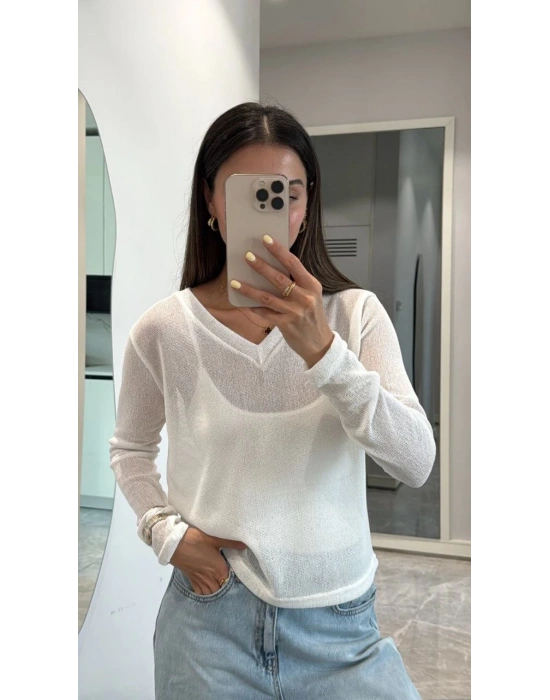 Kadın V Yaka uzun Kollu Triko ince Bluz - Beyaz