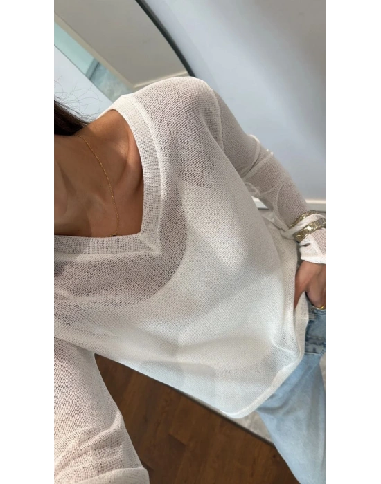 Kadın V Yaka uzun Kollu Triko ince Bluz - Beyaz