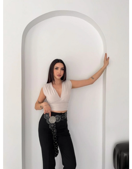 Kadın Vatkalı Kolsuz V Yaka Drapeli Crop Bluz Likralı Fit - Boyalı Gri