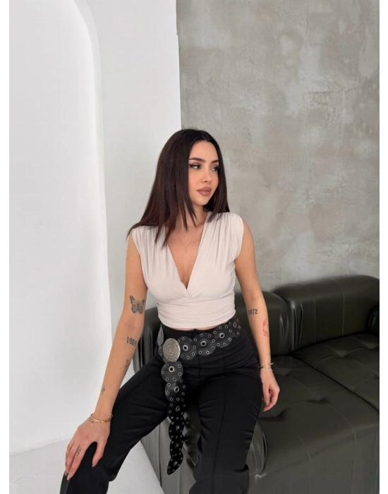 Kadın Vatkalı Kolsuz V Yaka Drapeli Crop Bluz Likralı Fit - Boyalı Gri