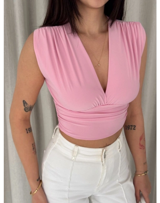 Kadın Vatkalı Kolsuz V Yaka Drapeli Crop Bluz Likralı Fit - Pembe