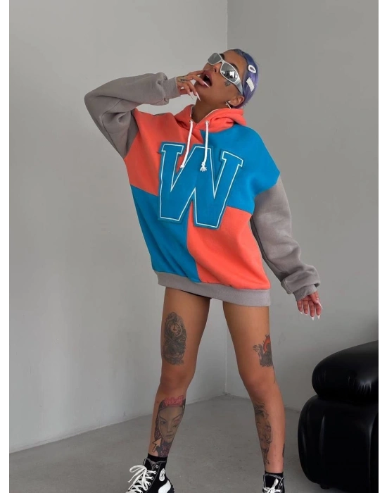 Kadın W Nakış İşlemeli Kapüşonlu 3 iplik pamuklu Parçalı Sweatshirt Hoodie - Mavi