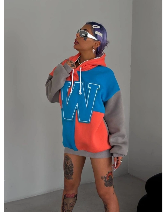 Kadın W Nakış İşlemeli Kapüşonlu 3 iplik pamuklu Parçalı Sweatshirt Hoodie - Mavi