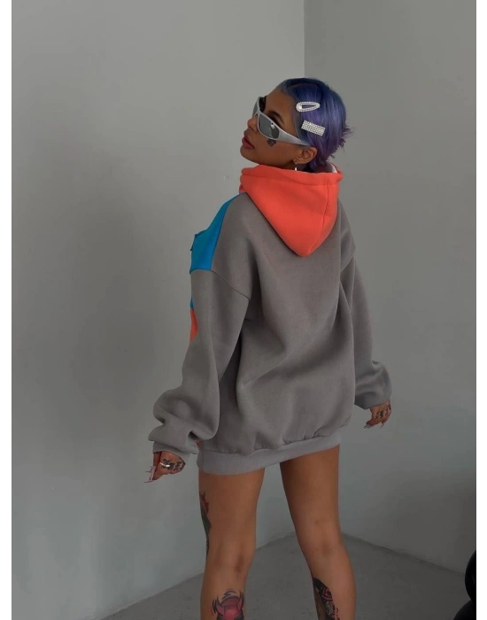 Kadın W Nakış İşlemeli Kapüşonlu 3 iplik pamuklu Parçalı Sweatshirt Hoodie - Mavi