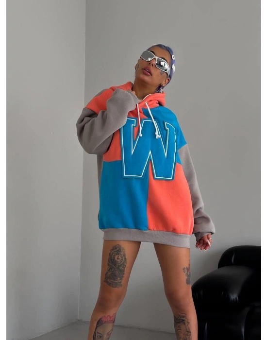 Kadın W Nakış İşlemeli Kapüşonlu 3 iplik pamuklu Parçalı Sweatshirt Hoodie - Mavi