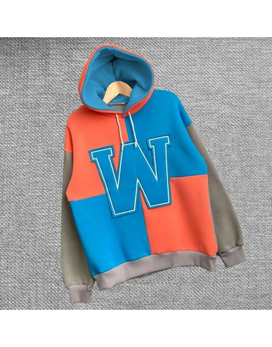 Kadın W Nakış İşlemeli Kapüşonlu 3 iplik pamuklu Parçalı Sweatshirt Hoodie - Mavi