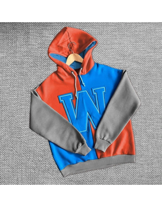 Kadın W Nakış İşlemeli Kapüşonlu 3 iplik pamuklu Parçalı Sweatshirt Hoodie - Mavi
