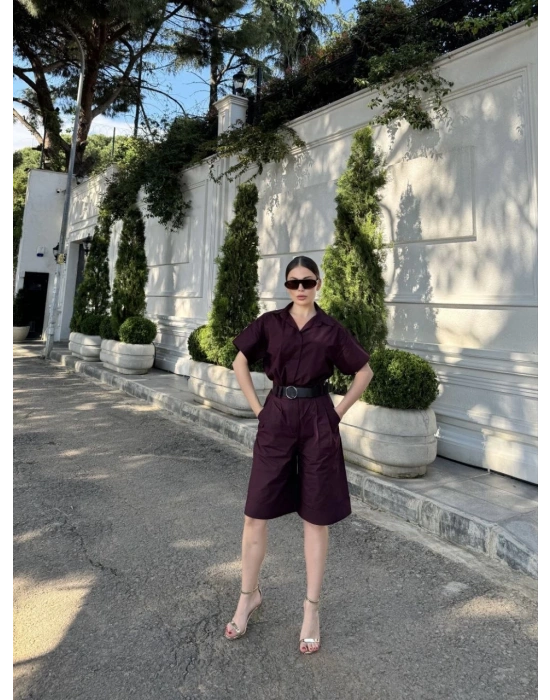 Kadın Yakalı Gömlek Kemerli Şortlu Alt-Üst Takım - Bordo