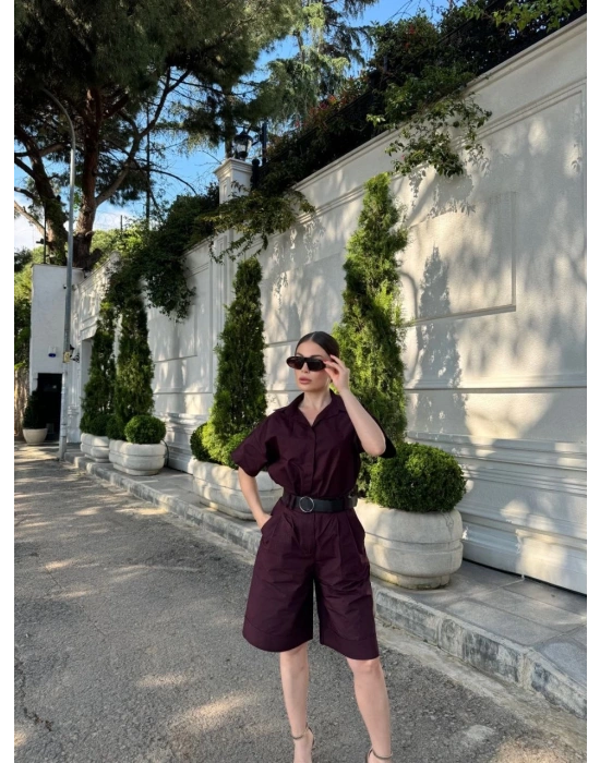 Kadın Yakalı Gömlek Kemerli Şortlu Alt-Üst Takım - Bordo