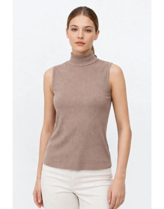 Kadın Yarım Balıkçı Yaka Fitilli Kaşkorse Atlet Basic Şık Badi - Bej