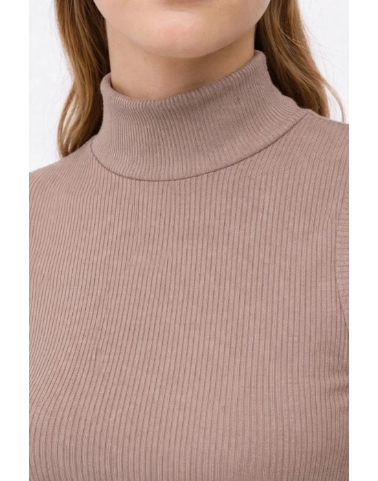 Kadın Yarım Balıkçı Yaka Fitilli Kaşkorse Atlet Basic Şık Badi - Bej