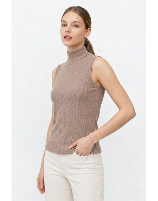 Kadın Yarım Balıkçı Yaka Fitilli Kaşkorse Atlet Basic Şık Badi - Bej