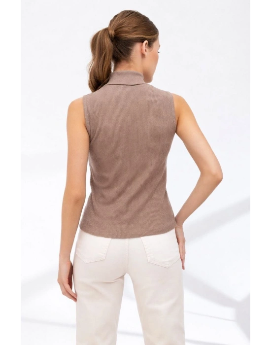 Kadın Yarım Balıkçı Yaka Fitilli Kaşkorse Atlet Basic Şık Badi - Bej