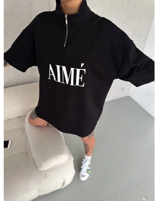 Kadın Yarım Fermuarlı Tişört Baskılı T-Shirt - Siyah