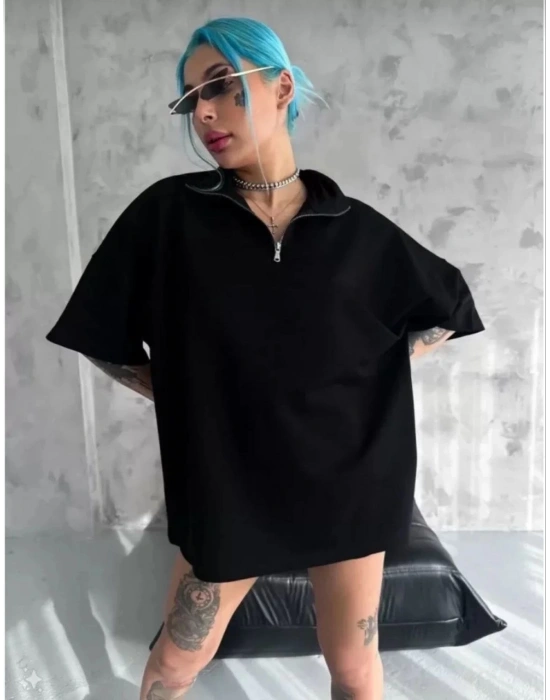 Kadın Yarım Fermuarlı Tişört Düz Oversize T-Shirt - Siyah
