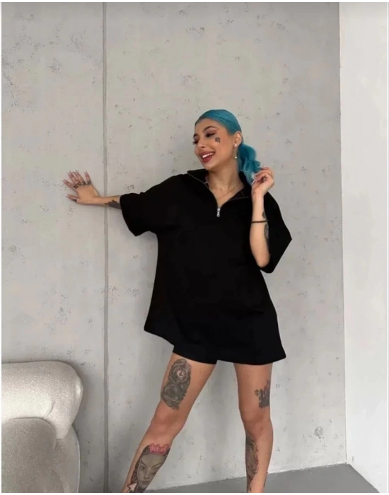 Kadın Yarım Fermuarlı Tişört Düz Oversize T-Shirt - Siyah