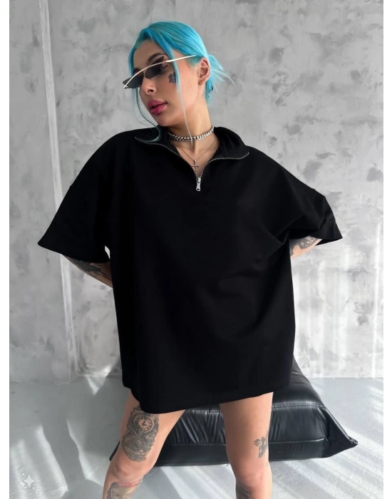 Kadın Yarım Fermuarlı Tişört Kısa kol T-Shirt - Siyah