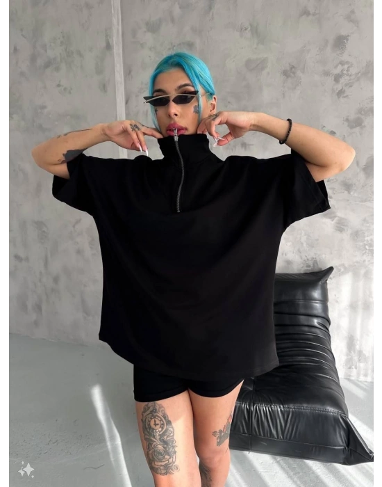 Kadın Yarım Fermuarlı Tişört Kısa kol T-Shirt - Siyah