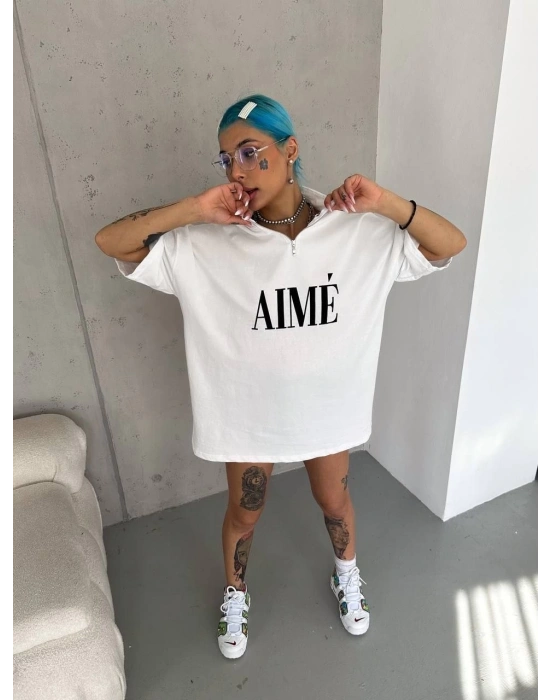 Kadın Yarım Fermuarlı Tişört Kısa kol Baskılı T-Shirt - Beyaz