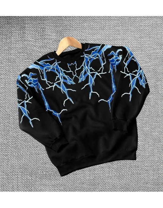 Kadın Yıldırım Baskılı Bisiklet Yaka 3 iplik pamuklu Sweatshirt - Siyah