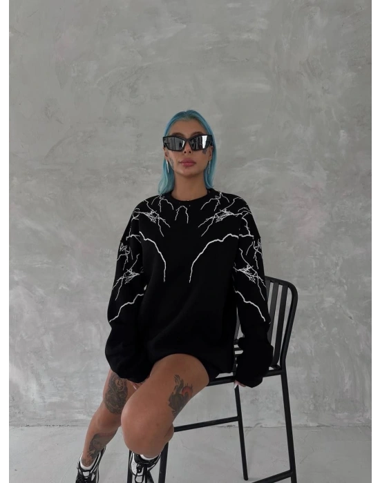 Kadın Yıldırım Baskılı Bisiklet Yaka 3 iplik pamuklu SweatShirt - Siyah