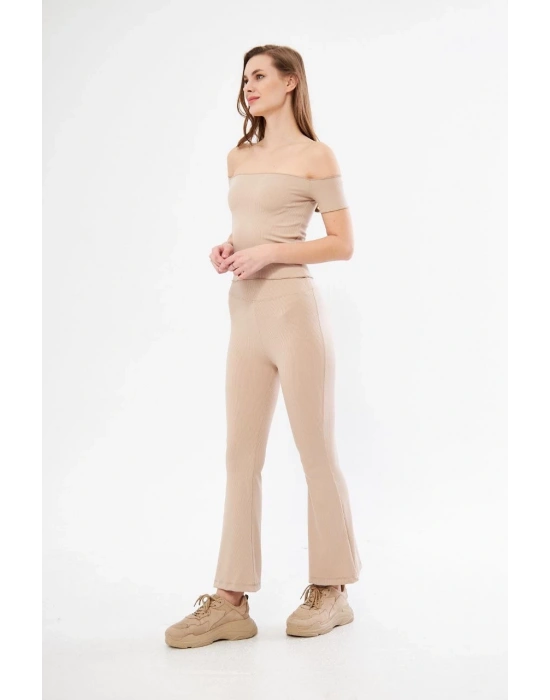 Kadın Yüksel Bel Fitilli İspanyol Paça Tayt - Bordo