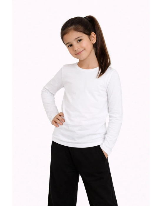 Kız Çocuk Basic Uzun Kollu Tişört Okul Günlük Rahat T-Shirt - Beyaz