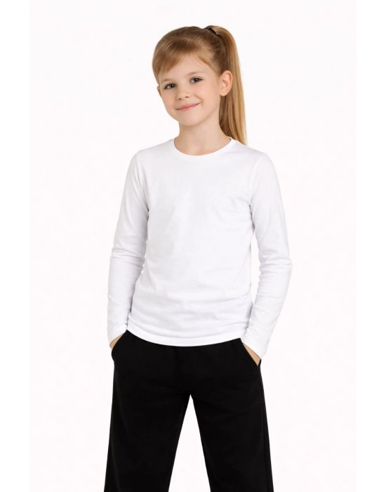 Kız Çocuk Basic Uzun Kollu Tişört Okul Günlük Rahat T-Shirt - Beyaz