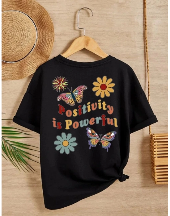 Kız Çocuk Bisiklet Yaka Baskılı T-Shirt - Siyah