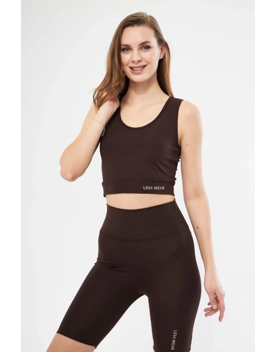 Kolsuz Sporcu Baskılı Crop - Kahve