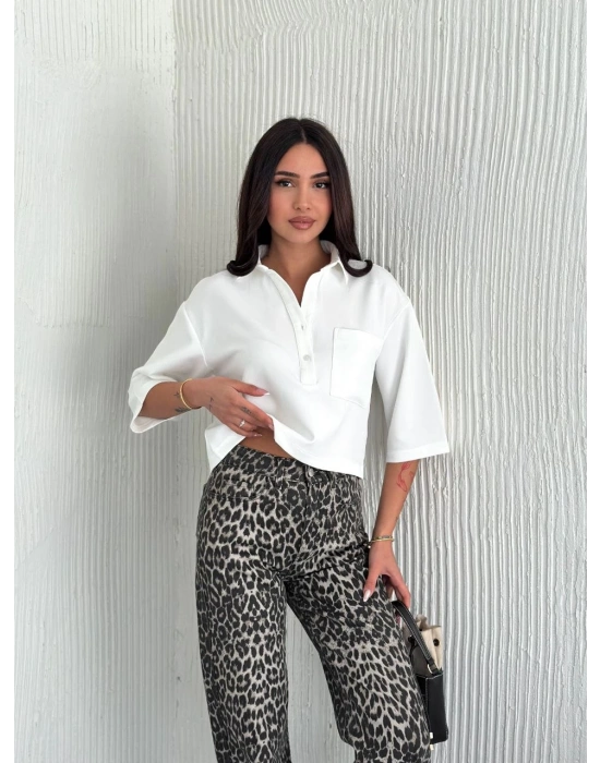 Krep Kadın Crop Yakalı Gömlek İlik Düğmeli Üç Çeyrek Sleeve Kol - Beyaz