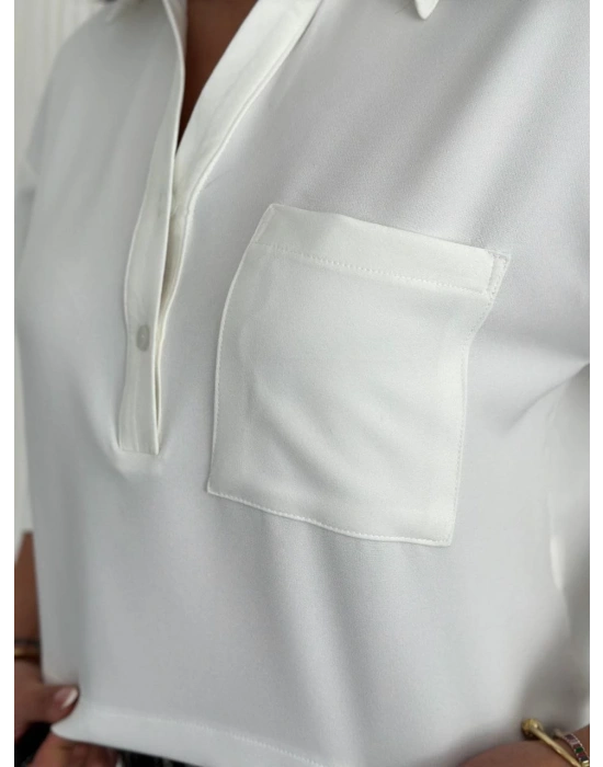 Krep Kadın Crop Yakalı Gömlek İlik Düğmeli Üç Çeyrek Sleeve Kol - Beyaz