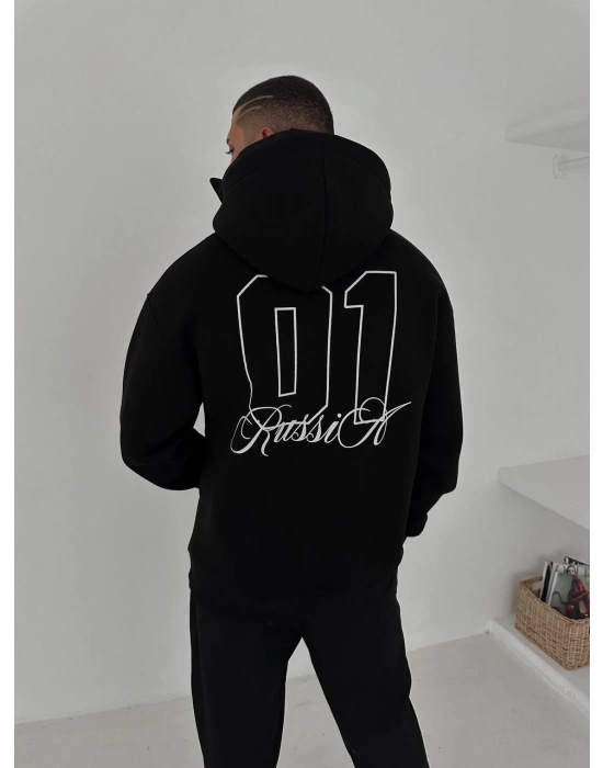 Samuray Ninja Çift Kapşonlu ZIP Fermuarlı Kanguru Çepli Tam Fermuarlı ön Arka - Siyah