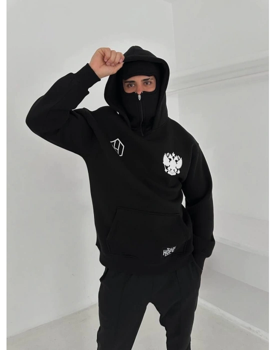 Samuray Ninja Çift Kapşonlu ZIP Fermuarlı Kanguru Çepli Tam Fermuarlı ön Arka - Siyah