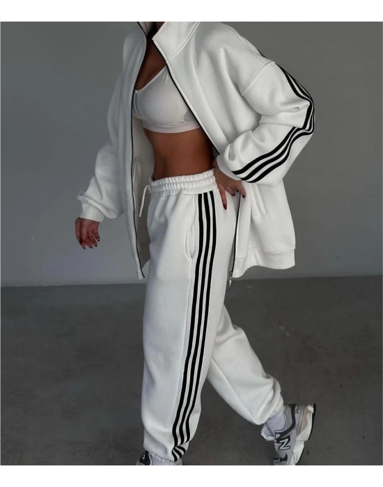 Şeritli Üç İplik Eşofman Takım - Beyaz