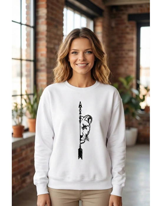 Sevgililer Günü Özel Bisiklet Yaka Aslan Baskılı Oversize Sweatshirt - Beyaz