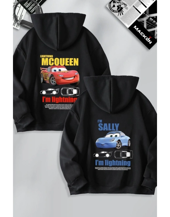 Sevgililer Günü Özel Kapüşonlu Araba Baskılı Oversize Sweatshirt - Siyah