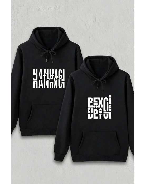 Sevgililer Günü Özel Kapüşonlu Beyci Baskılı Oversize Sweatshirt - Siyah