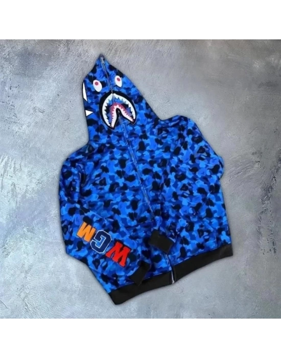 Unisex 2 İplik Bape Kapüşonu Fermuarlı Hırka - Mavi