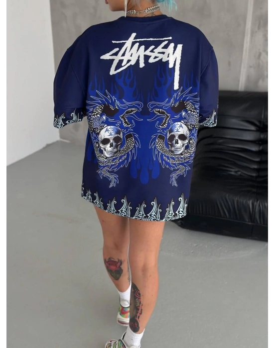 Unisex Bisiklet Yaka Baskılı Oversize T-Shirt - Lacivert