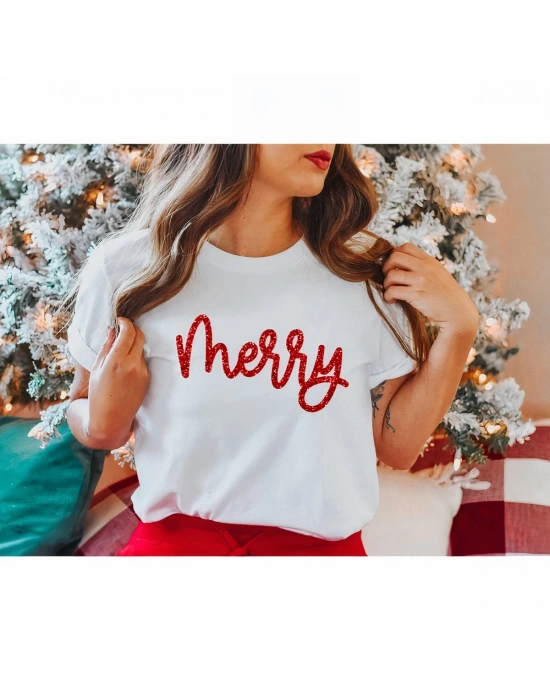 Yılbaşı Tişörr Merry Baskılı Kısa kol T-shirt - Beyaz
